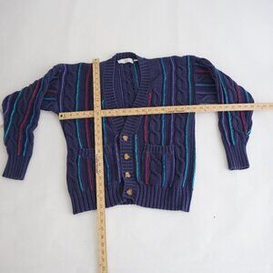 VTG Leo Chevalier Sport Navy Multicolor Stripe Cable Net 100% Cotton Cardigan M